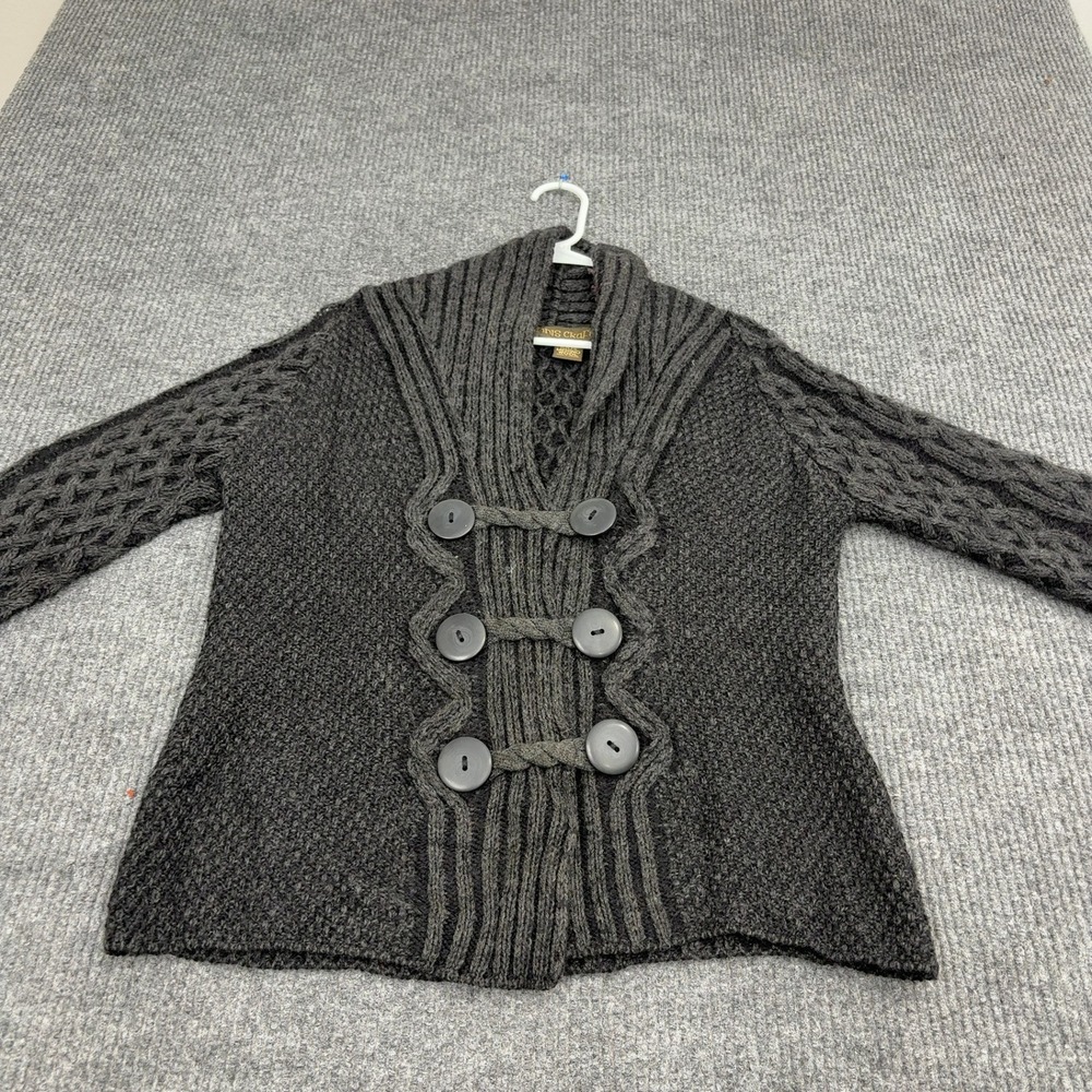 Inis Crafts Cardigan Sweater Womens Charcoal Merino Wool‎ Cable Knit Irish Boho